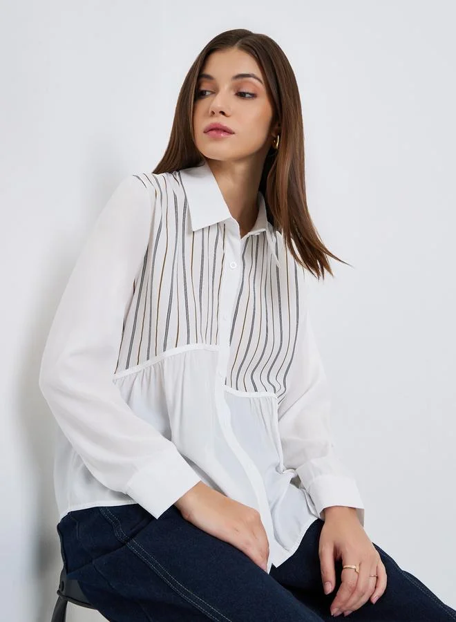 Styli Women White Striped Panel Long Sleeve Shirt